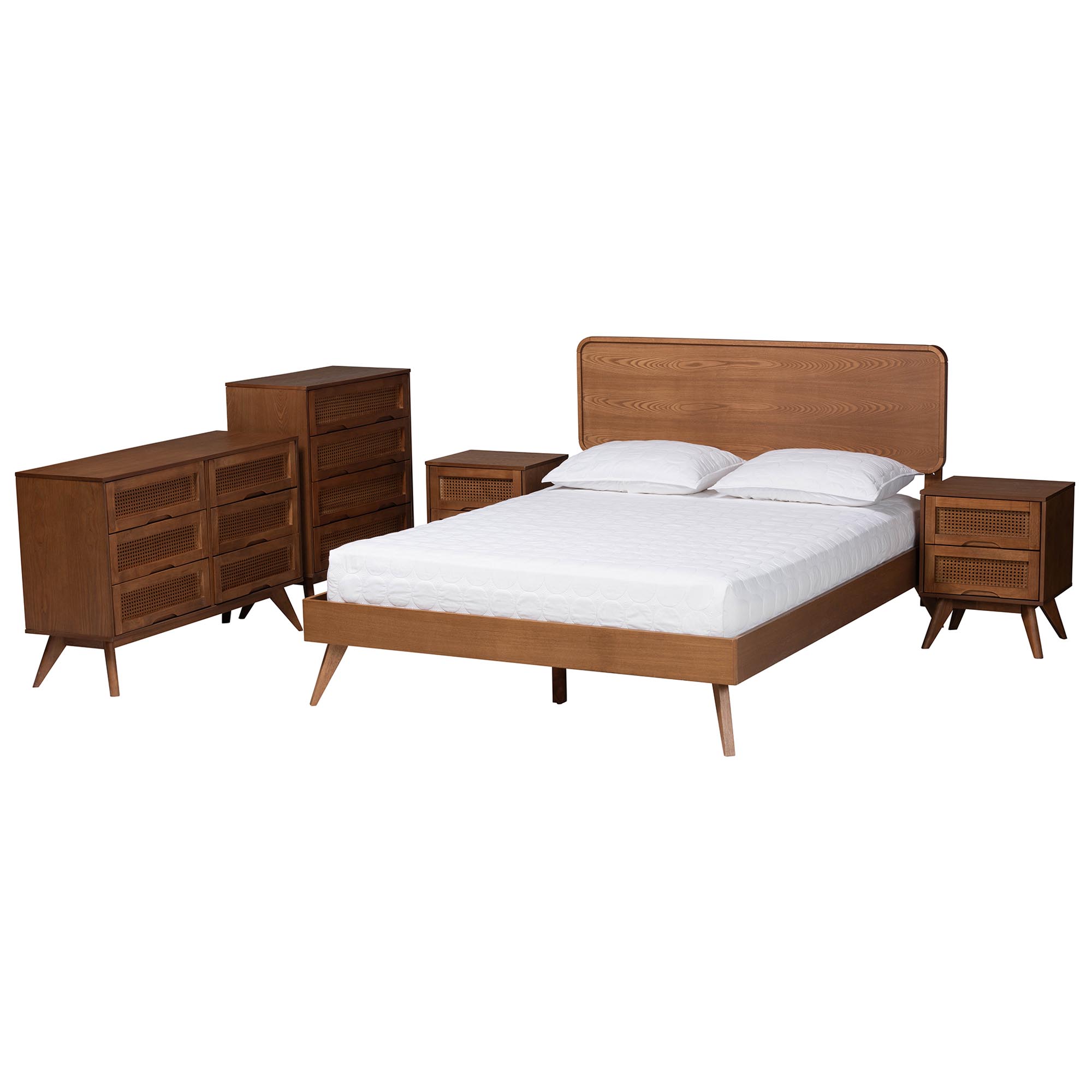 Baxton Studio Demeter Mid-Century Modern Walnut Brown Finished Wood Full Size 5-Piece Bedroom Set